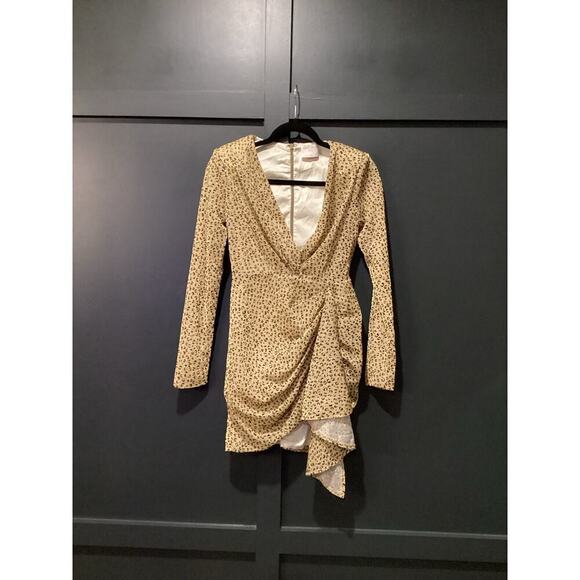 Miss Circle Asymmetrical Leopard Metallic Mini Long Sleeve V Neck Ruched Dress S - Picture 10 of 15